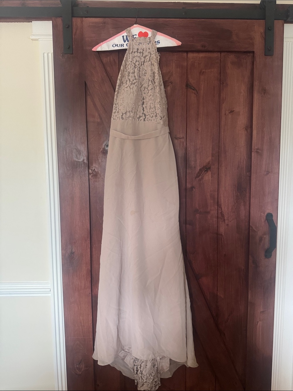 Christina Wu Taupe Lace Halter High-Low Gown